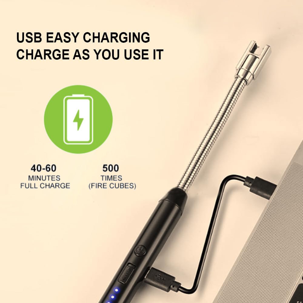 Stainless Steel Electric Rechargeable Gas Lighter/Plasma Lighter Flameless Windproof USB Lighter 360 Deg Flexible Lighter for Kitchen, Barbecue, Candles, Gas Stove, BBQ, Fireworks