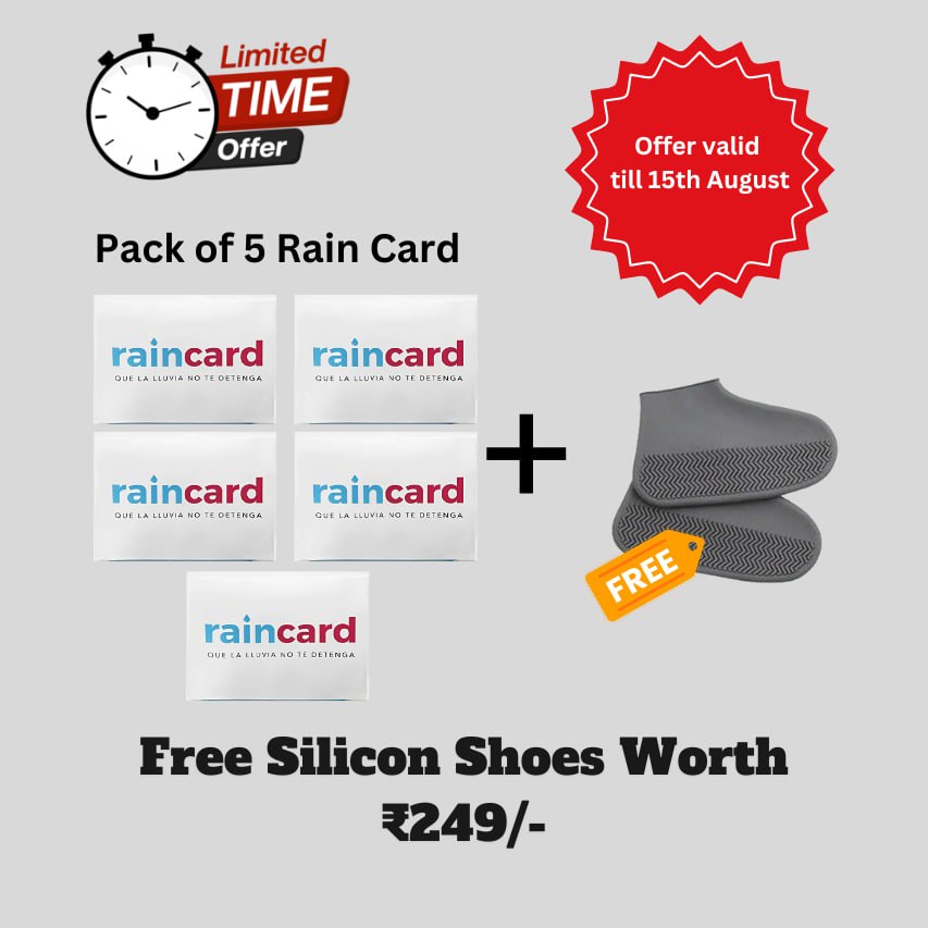 Raincard - Reusable Emergancy Pocket Raincoat (PACK OF 5) with 1 Pair Silicon Shoes Free